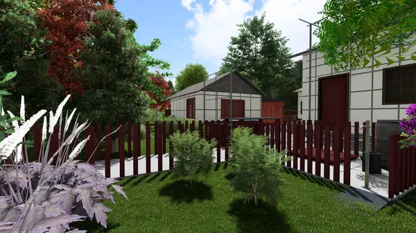 Memleketin peyzaj tasarımının 3 boyutlu görüntüsü. Bölgenin peyzajı. Bileşik peyzaj ve peyzaj çözümlerinin bilgisayar görselleştirmesi. Beyaz bahçe.