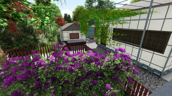 Memleketin peyzaj tasarımının 3 boyutlu görüntüsü. Bölgenin peyzajı. Bileşik peyzaj ve peyzaj çözümlerinin bilgisayar görselleştirmesi. Beyaz bahçe.