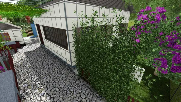 Memleketin peyzaj tasarımının 3 boyutlu görüntüsü. Bölgenin peyzajı. Bileşik peyzaj ve peyzaj çözümlerinin bilgisayar görselleştirmesi. Beyaz bahçe.