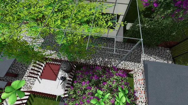 Memleketin peyzaj tasarımının 3 boyutlu görüntüsü. Bölgenin peyzajı. Bileşik peyzaj ve peyzaj çözümlerinin bilgisayar görselleştirmesi. Beyaz bahçe.