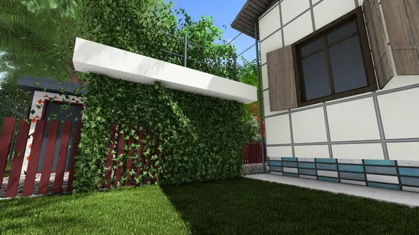 Memleketin peyzaj tasarımının 3 boyutlu görüntüsü. Bölgenin peyzajı. Bileşik peyzaj ve peyzaj çözümlerinin bilgisayar görselleştirmesi. Beyaz bahçe.