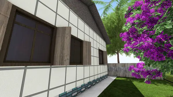 Memleketin peyzaj tasarımının 3 boyutlu görüntüsü. Bölgenin peyzajı. Bileşik peyzaj ve peyzaj çözümlerinin bilgisayar görselleştirmesi. Beyaz bahçe.