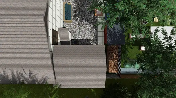 Memleketin peyzaj tasarımının 3 boyutlu görüntüsü. Bölgenin peyzajı. Bileşik peyzaj ve peyzaj çözümlerinin bilgisayar görselleştirmesi. Beyaz bahçe.