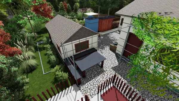 Memleketin peyzaj tasarımının 3 boyutlu görüntüsü. Bölgenin peyzajı. Bileşik peyzaj ve peyzaj çözümlerinin bilgisayar görselleştirmesi. Beyaz bahçe.