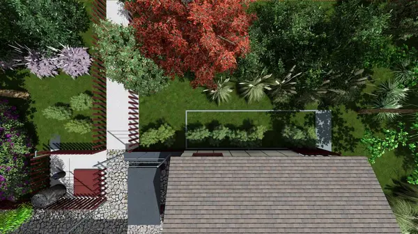 Memleketin peyzaj tasarımının 3 boyutlu görüntüsü. Bölgenin peyzajı. Bileşik peyzaj ve peyzaj çözümlerinin bilgisayar görselleştirmesi. Beyaz bahçe.