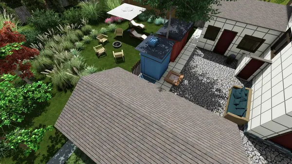 Memleketin peyzaj tasarımının 3 boyutlu görüntüsü. Bölgenin peyzajı. Bileşik peyzaj ve peyzaj çözümlerinin bilgisayar görselleştirmesi. Beyaz bahçe.