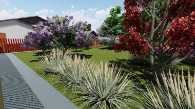 Memleketin peyzaj tasarımının 3 boyutlu görüntüsü. Bölgenin peyzajı. Bileşik peyzaj ve peyzaj çözümlerinin bilgisayar görselleştirmesi. Beyaz bahçe.