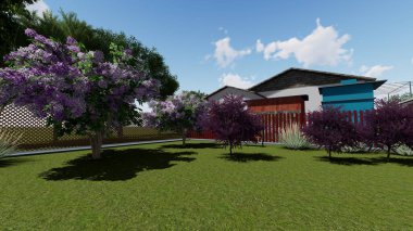 Memleketin peyzaj tasarımının 3 boyutlu görüntüsü. Bölgenin peyzajı. Bileşik peyzaj ve peyzaj çözümlerinin bilgisayar görselleştirmesi. Beyaz bahçe.