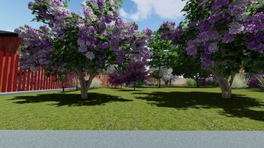 Memleketin peyzaj tasarımının 3 boyutlu görüntüsü. Bölgenin peyzajı. Bileşik peyzaj ve peyzaj çözümlerinin bilgisayar görselleştirmesi. Beyaz bahçe.