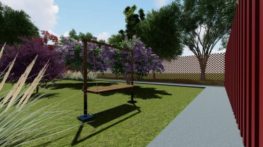 Memleketin peyzaj tasarımının 3 boyutlu görüntüsü. Bölgenin peyzajı. Bileşik peyzaj ve peyzaj çözümlerinin bilgisayar görselleştirmesi. Beyaz bahçe.