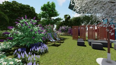 Memleketin peyzaj tasarımının 3 boyutlu görüntüsü. Bölgenin peyzajı. Bileşik peyzaj ve peyzaj çözümlerinin bilgisayar görselleştirmesi. Beyaz bahçe.