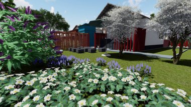 Memleketin peyzaj tasarımının 3 boyutlu görüntüsü. Bölgenin peyzajı. Bileşik peyzaj ve peyzaj çözümlerinin bilgisayar görselleştirmesi. Beyaz bahçe.