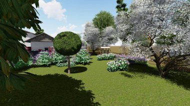 Memleketin peyzaj tasarımının 3 boyutlu görüntüsü. Bölgenin peyzajı. Bileşik peyzaj ve peyzaj çözümlerinin bilgisayar görselleştirmesi. Beyaz bahçe.