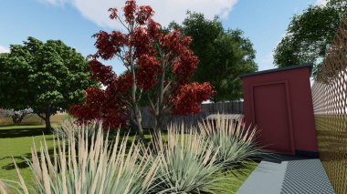 Memleketin peyzaj tasarımının 3 boyutlu görüntüsü. Bölgenin peyzajı. Bileşik peyzaj ve peyzaj çözümlerinin bilgisayar görselleştirmesi. Beyaz bahçe.