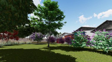 Memleketin peyzaj tasarımının 3 boyutlu görüntüsü. Bölgenin peyzajı. Bileşik peyzaj ve peyzaj çözümlerinin bilgisayar görselleştirmesi. Beyaz bahçe.