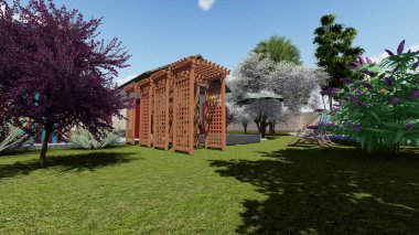 Memleketin peyzaj tasarımının 3 boyutlu görüntüsü. Bölgenin peyzajı. Bileşik peyzaj ve peyzaj çözümlerinin bilgisayar görselleştirmesi. Beyaz bahçe.