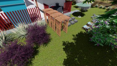 Memleketin peyzaj tasarımının 3 boyutlu görüntüsü. Bölgenin peyzajı. Bileşik peyzaj ve peyzaj çözümlerinin bilgisayar görselleştirmesi. Beyaz bahçe.