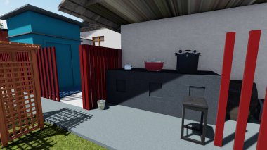 Memleketin peyzaj tasarımının 3 boyutlu görüntüsü. Bölgenin peyzajı. Bileşik peyzaj ve peyzaj çözümlerinin bilgisayar görselleştirmesi. Beyaz bahçe.