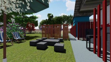 Memleketin peyzaj tasarımının 3 boyutlu görüntüsü. Bölgenin peyzajı. Bileşik peyzaj ve peyzaj çözümlerinin bilgisayar görselleştirmesi. Beyaz bahçe.