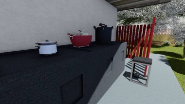 Memleketin peyzaj tasarımının 3 boyutlu görüntüsü. Bölgenin peyzajı. Bileşik peyzaj ve peyzaj çözümlerinin bilgisayar görselleştirmesi. Beyaz bahçe.