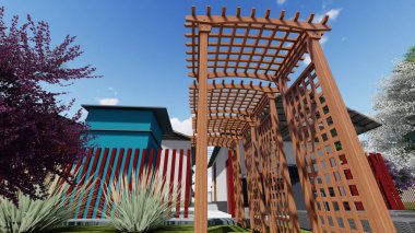 Memleketin peyzaj tasarımının 3 boyutlu görüntüsü. Bölgenin peyzajı. Bileşik peyzaj ve peyzaj çözümlerinin bilgisayar görselleştirmesi. Beyaz bahçe.