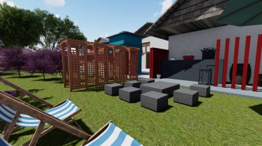 Memleketin peyzaj tasarımının 3 boyutlu görüntüsü. Bölgenin peyzajı. Bileşik peyzaj ve peyzaj çözümlerinin bilgisayar görselleştirmesi. Beyaz bahçe.