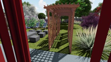 Memleketin peyzaj tasarımının 3 boyutlu görüntüsü. Bölgenin peyzajı. Bileşik peyzaj ve peyzaj çözümlerinin bilgisayar görselleştirmesi. Beyaz bahçe.