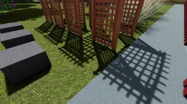 Memleketin peyzaj tasarımının 3 boyutlu görüntüsü. Bölgenin peyzajı. Bileşik peyzaj ve peyzaj çözümlerinin bilgisayar görselleştirmesi. Beyaz bahçe.