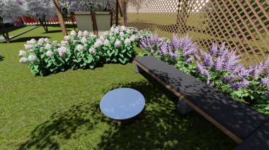 Memleketin peyzaj tasarımının 3 boyutlu görüntüsü. Bölgenin peyzajı. Bileşik peyzaj ve peyzaj çözümlerinin bilgisayar görselleştirmesi. Beyaz bahçe.