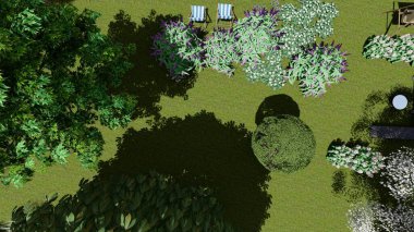 Memleketin peyzaj tasarımının 3 boyutlu görüntüsü. Bölgenin peyzajı. Bileşik peyzaj ve peyzaj çözümlerinin bilgisayar görselleştirmesi. Beyaz bahçe.