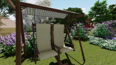 Memleketin peyzaj tasarımının 3 boyutlu görüntüsü. Bölgenin peyzajı. Bileşik peyzaj ve peyzaj çözümlerinin bilgisayar görselleştirmesi. Beyaz bahçe.