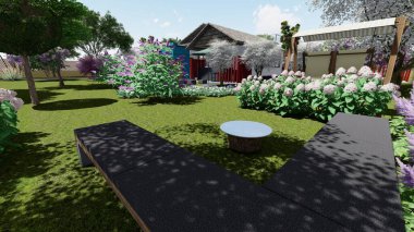 Memleketin peyzaj tasarımının 3 boyutlu görüntüsü. Bölgenin peyzajı. Bileşik peyzaj ve peyzaj çözümlerinin bilgisayar görselleştirmesi. Beyaz bahçe.