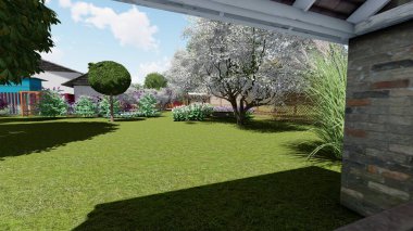 Memleketin peyzaj tasarımının 3 boyutlu görüntüsü. Bölgenin peyzajı. Bileşik peyzaj ve peyzaj çözümlerinin bilgisayar görselleştirmesi. Beyaz bahçe.