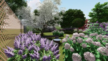 Memleketin peyzaj tasarımının 3 boyutlu görüntüsü. Bölgenin peyzajı. Bileşik peyzaj ve peyzaj çözümlerinin bilgisayar görselleştirmesi. Beyaz bahçe.