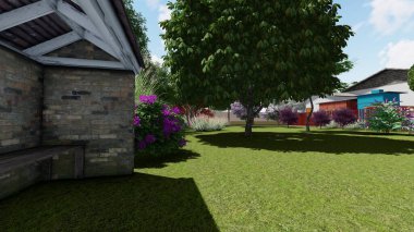 Memleketin peyzaj tasarımının 3 boyutlu görüntüsü. Bölgenin peyzajı. Bileşik peyzaj ve peyzaj çözümlerinin bilgisayar görselleştirmesi. Beyaz bahçe.