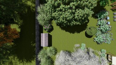 Memleketin peyzaj tasarımının 3 boyutlu görüntüsü. Bölgenin peyzajı. Bileşik peyzaj ve peyzaj çözümlerinin bilgisayar görselleştirmesi. Beyaz bahçe.