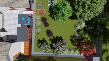 Memleketin peyzaj tasarımının 3 boyutlu görüntüsü. Bölgenin peyzajı. Bileşik peyzaj ve peyzaj çözümlerinin bilgisayar görselleştirmesi. Beyaz bahçe.