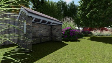 Memleketin peyzaj tasarımının 3 boyutlu görüntüsü. Bölgenin peyzajı. Bileşik peyzaj ve peyzaj çözümlerinin bilgisayar görselleştirmesi. Beyaz bahçe.