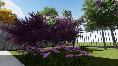 Memleketin peyzaj tasarımının 3 boyutlu görüntüsü. Bölgenin peyzajı. Bileşik peyzaj ve peyzaj çözümlerinin bilgisayar görselleştirmesi. Beyaz bahçe.