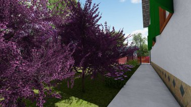 Memleketin peyzaj tasarımının 3 boyutlu görüntüsü. Bölgenin peyzajı. Bileşik peyzaj ve peyzaj çözümlerinin bilgisayar görselleştirmesi. Beyaz bahçe.