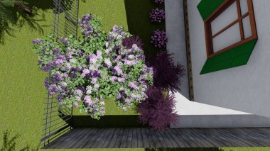 Memleketin peyzaj tasarımının 3 boyutlu görüntüsü. Bölgenin peyzajı. Bileşik peyzaj ve peyzaj çözümlerinin bilgisayar görselleştirmesi. Beyaz bahçe.