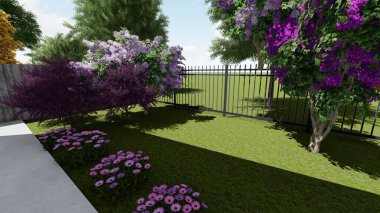 Memleketin peyzaj tasarımının 3 boyutlu görüntüsü. Bölgenin peyzajı. Bileşik peyzaj ve peyzaj çözümlerinin bilgisayar görselleştirmesi. Beyaz bahçe.