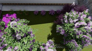 Memleketin peyzaj tasarımının 3 boyutlu görüntüsü. Bölgenin peyzajı. Bileşik peyzaj ve peyzaj çözümlerinin bilgisayar görselleştirmesi. Beyaz bahçe.