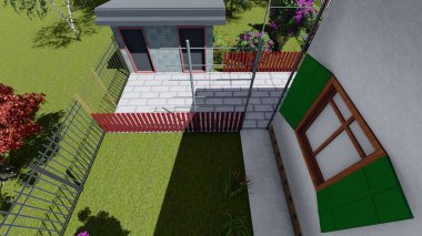 Memleketin peyzaj tasarımının 3 boyutlu görüntüsü. Bölgenin peyzajı. Bileşik peyzaj ve peyzaj çözümlerinin bilgisayar görselleştirmesi. Beyaz bahçe.