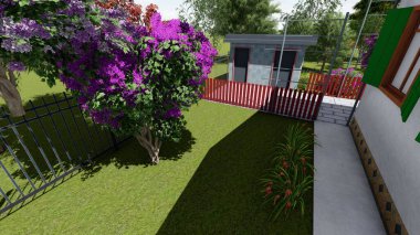 Memleketin peyzaj tasarımının 3 boyutlu görüntüsü. Bölgenin peyzajı. Bileşik peyzaj ve peyzaj çözümlerinin bilgisayar görselleştirmesi. Beyaz bahçe.