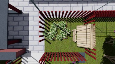 Memleketin peyzaj tasarımının 3 boyutlu görüntüsü. Bölgenin peyzajı. Bileşik peyzaj ve peyzaj çözümlerinin bilgisayar görselleştirmesi. Beyaz bahçe.