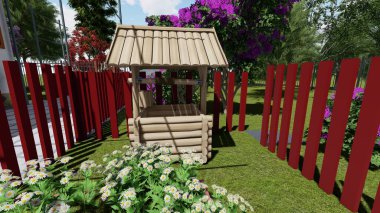 Memleketin peyzaj tasarımının 3 boyutlu görüntüsü. Bölgenin peyzajı. Bileşik peyzaj ve peyzaj çözümlerinin bilgisayar görselleştirmesi. Beyaz bahçe.