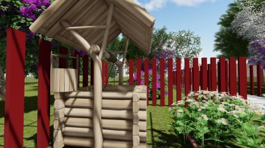 Memleketin peyzaj tasarımının 3 boyutlu görüntüsü. Bölgenin peyzajı. Bileşik peyzaj ve peyzaj çözümlerinin bilgisayar görselleştirmesi. Beyaz bahçe.