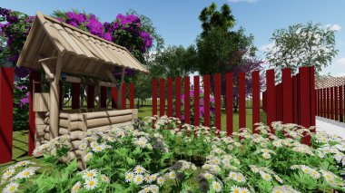 Memleketin peyzaj tasarımının 3 boyutlu görüntüsü. Bölgenin peyzajı. Bileşik peyzaj ve peyzaj çözümlerinin bilgisayar görselleştirmesi. Beyaz bahçe.