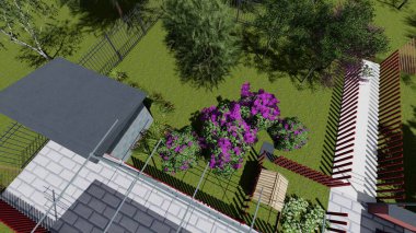 Memleketin peyzaj tasarımının 3 boyutlu görüntüsü. Bölgenin peyzajı. Bileşik peyzaj ve peyzaj çözümlerinin bilgisayar görselleştirmesi. Beyaz bahçe.